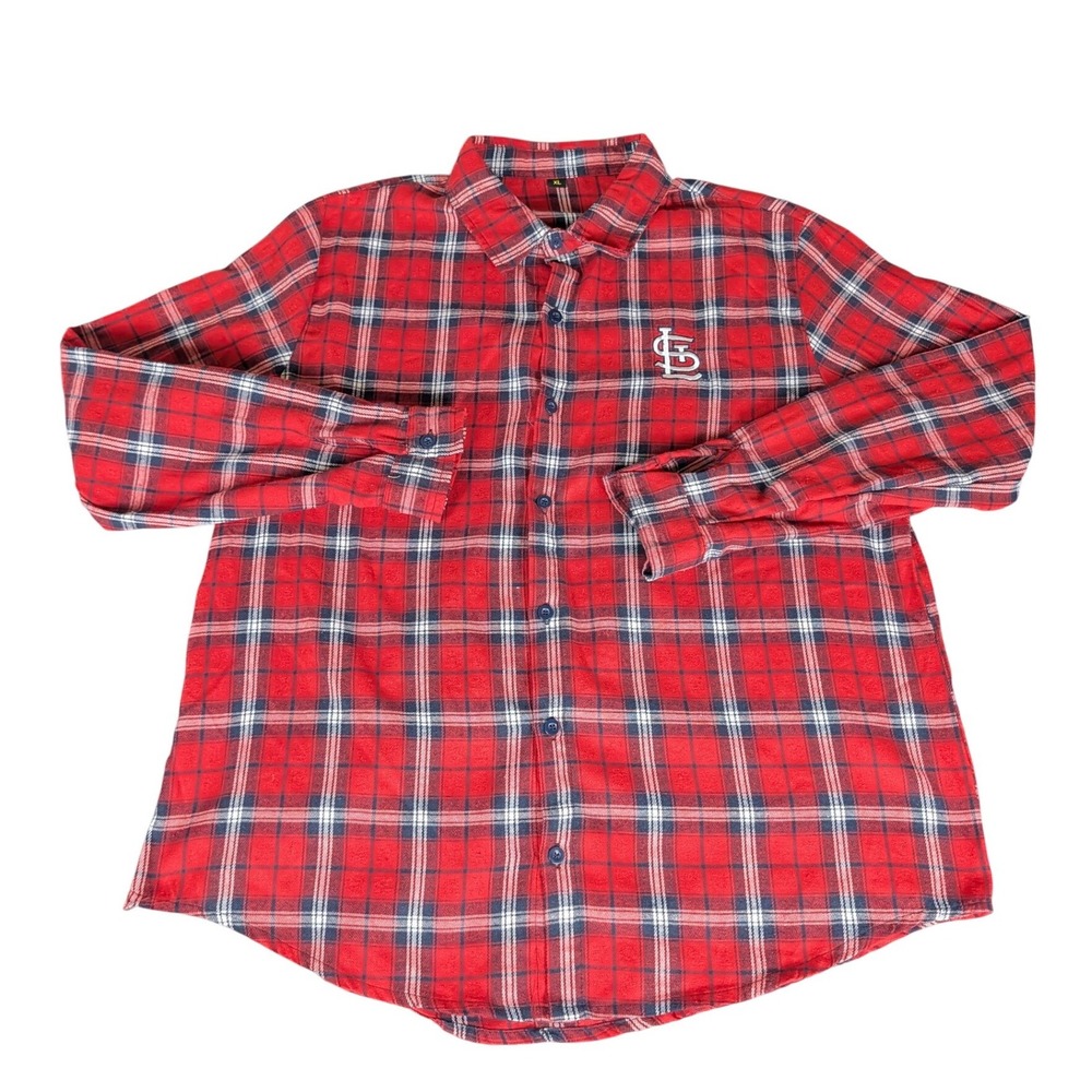 St Louis Cardinals MLB Plaid Flannel Button Down Shirt Red Navy Embroidered STL